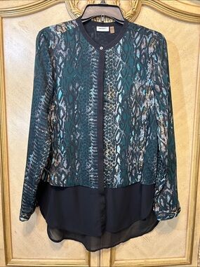DKNY Black & Green Snake Reptile Long Sheer Hi Low Blouse